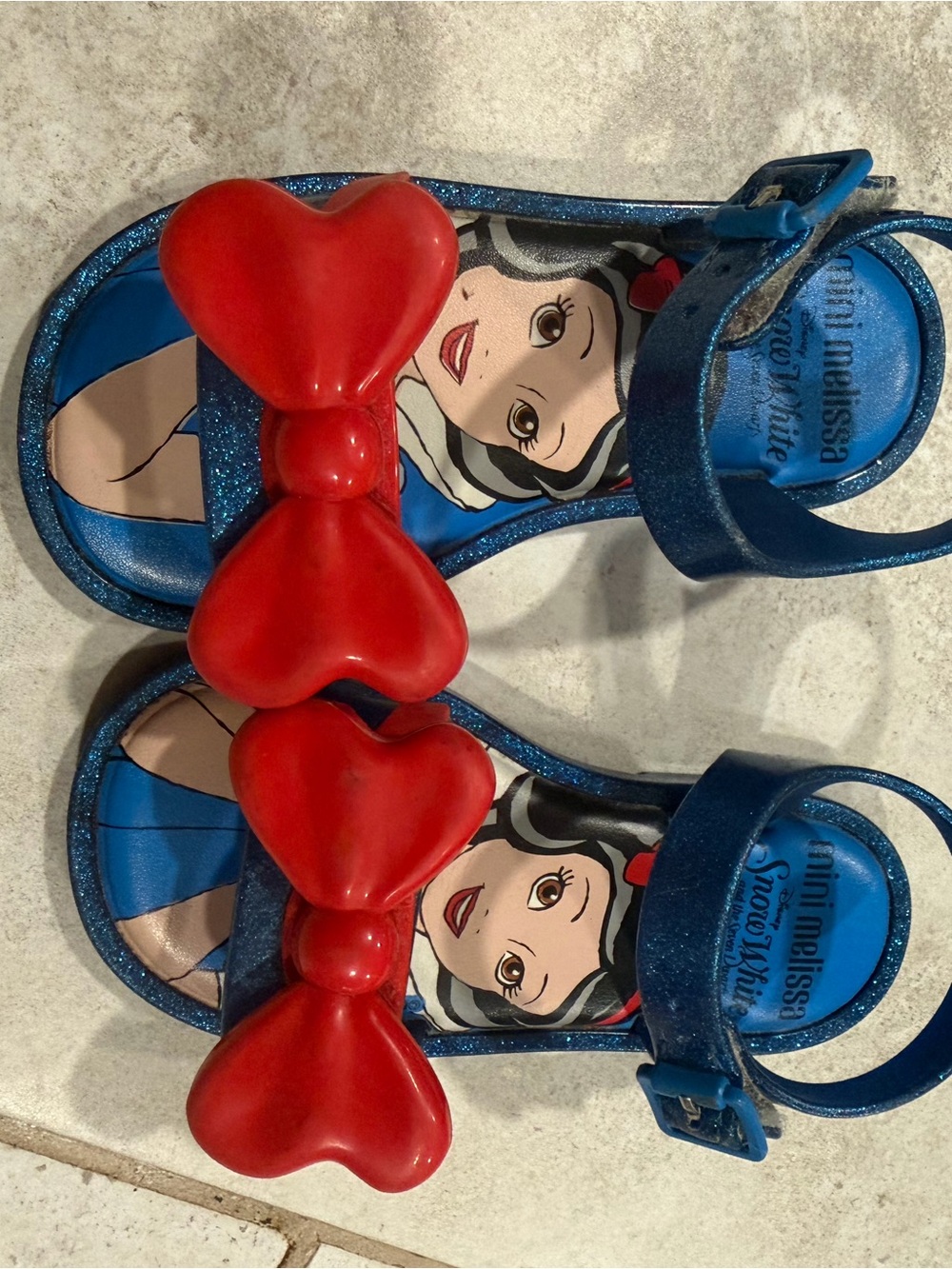 Mini Melissa Blue Glitter Snow White Sandals with Red Heart Bows